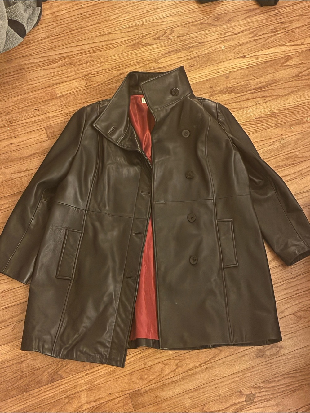 Pelle Studio Black Faux Leather Coat with Red Lining
